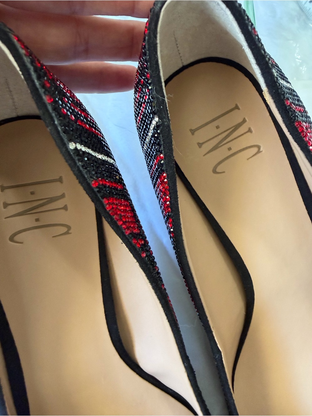 INC elegant RED and BLACK plaid rhinestone stiletto heels - Picture 7 of 10